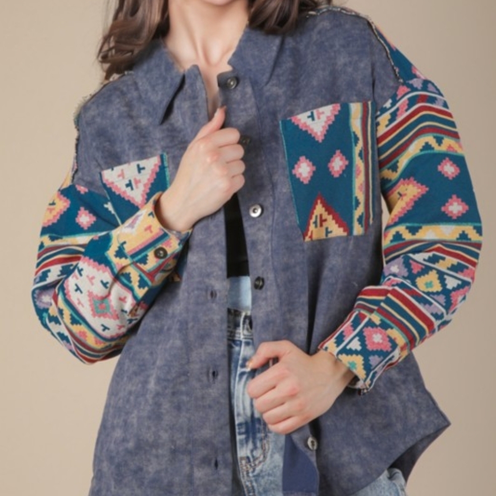 Boho Indigo Patchwork Sleeve Jean Jacket